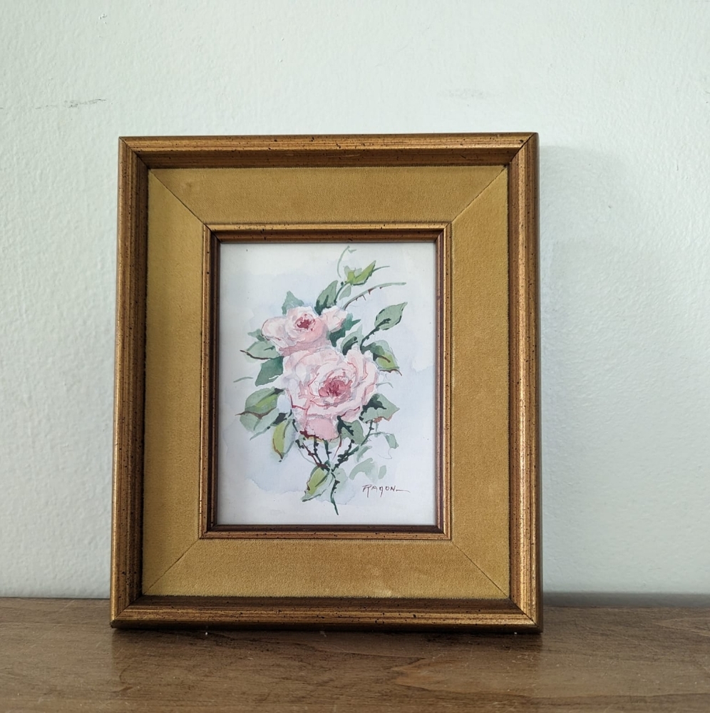Roses Botanical print Art velvet framed signed Lundquist Harrison Ark 8x7